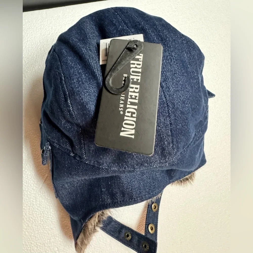 True Religion Blue Denim Trapper Hat with Faux Fur